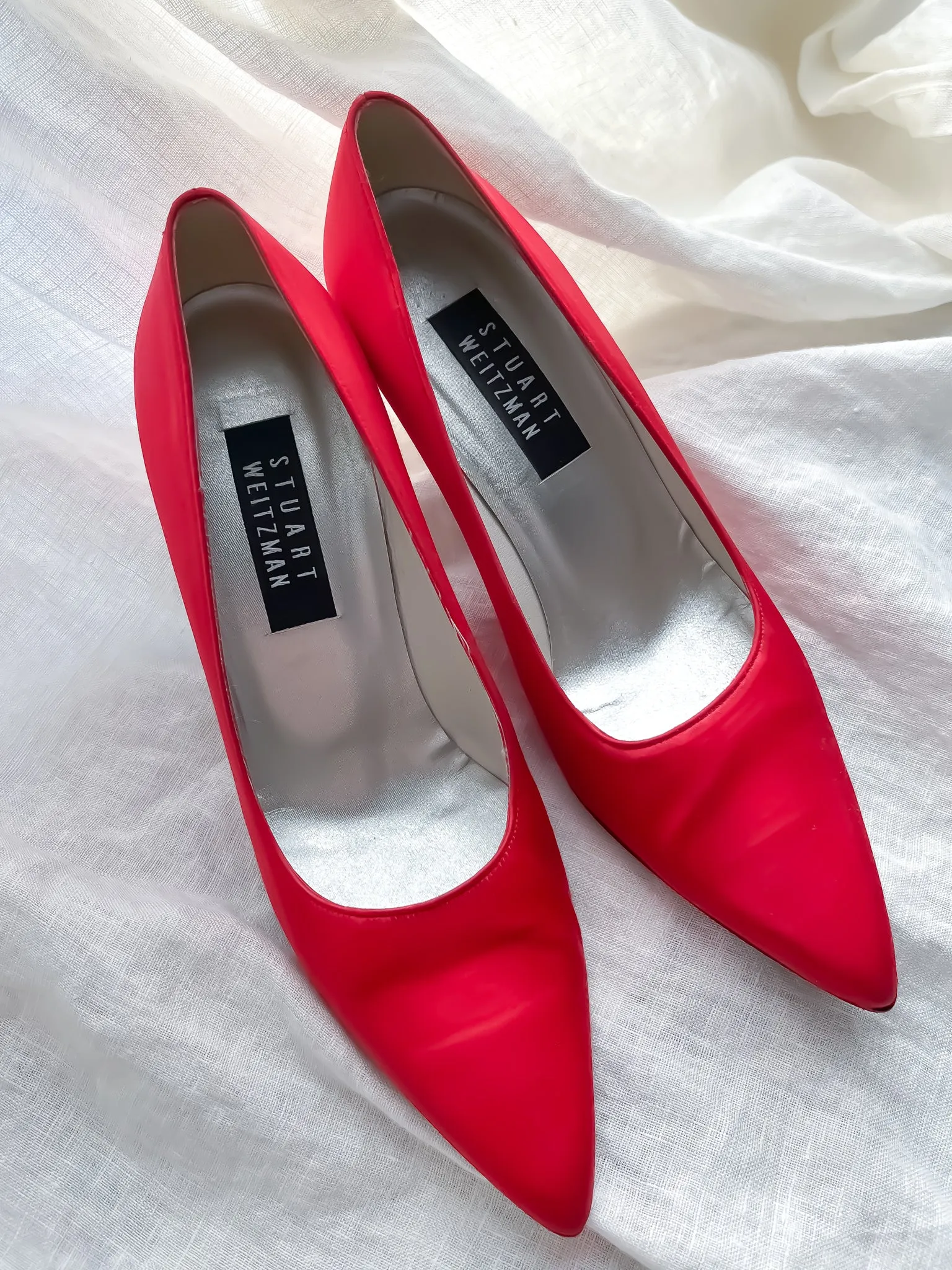 1990's Stuart Weitzman Red Satin Pumps / Size 8.5 B