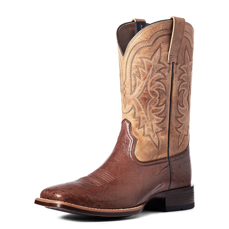 'Ariat' Men's 11" Night Life Ultra Western Square Toe - Antique Tabac Smooth Quill Ostrich / Sorrel Brown