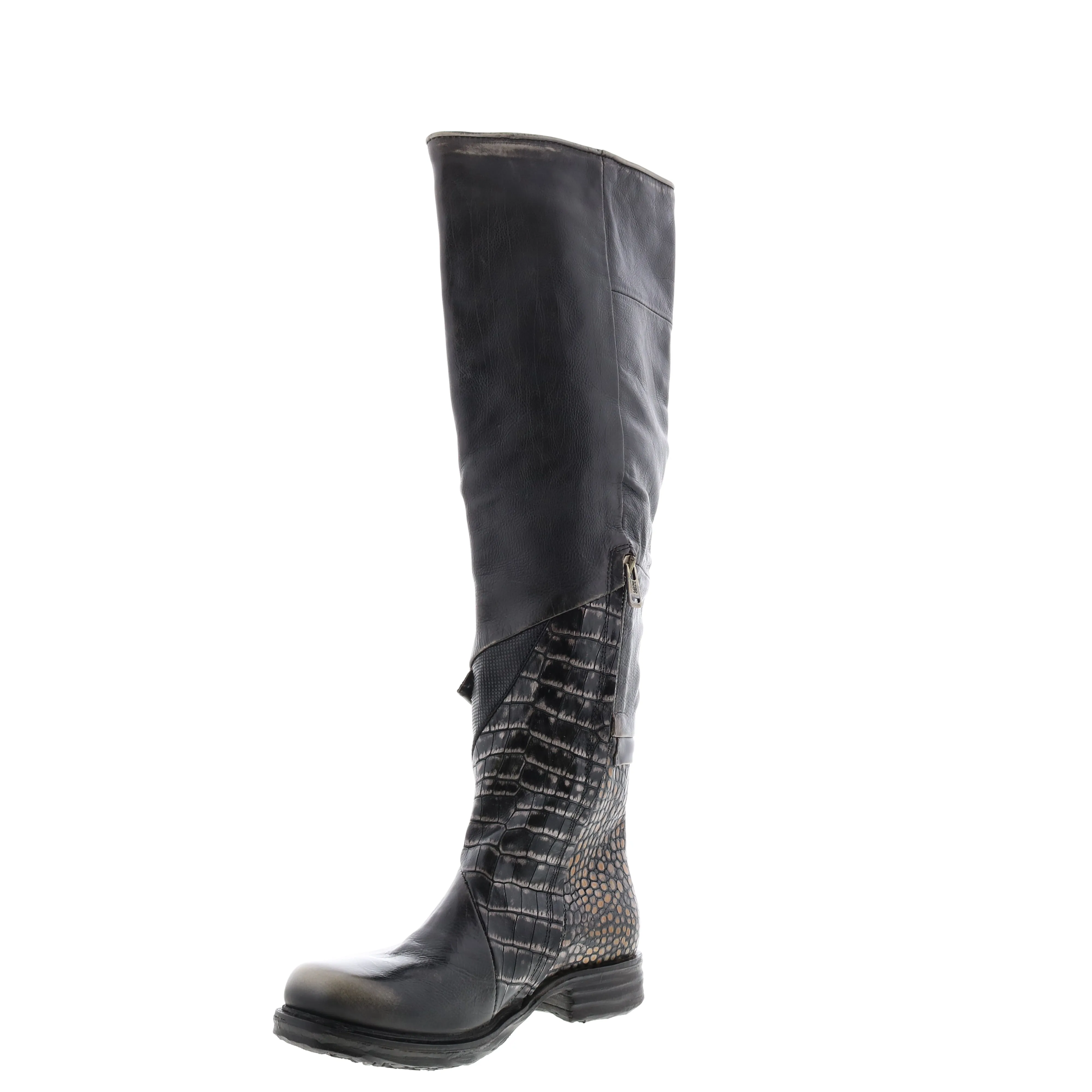 A.S.98 Sonny A50310-203 Womens Black Leather Zipper Knee High Boots