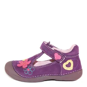 D.D. Step Toddler Single Strap Girl Sandals/Dress Shoes Dark Purple With Flowers - Supportive Leather From Europe Kids Orthopedic