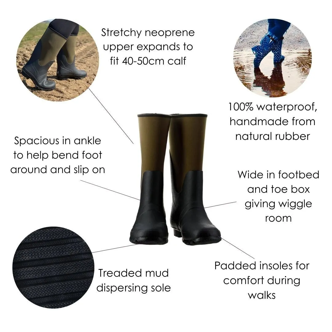 Extra Wide Calf Green Neoprene Wellies - Wide in Foot and Ankle - Fit 40-50cm Calf