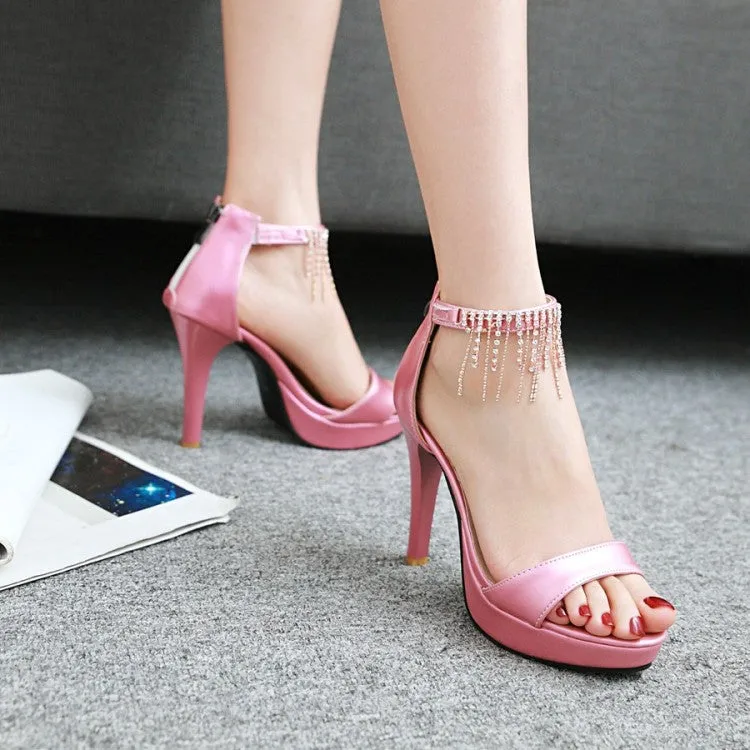 Women's Rhinestone Ankle Strap Beading Stiletto High Heel Platform Sandals